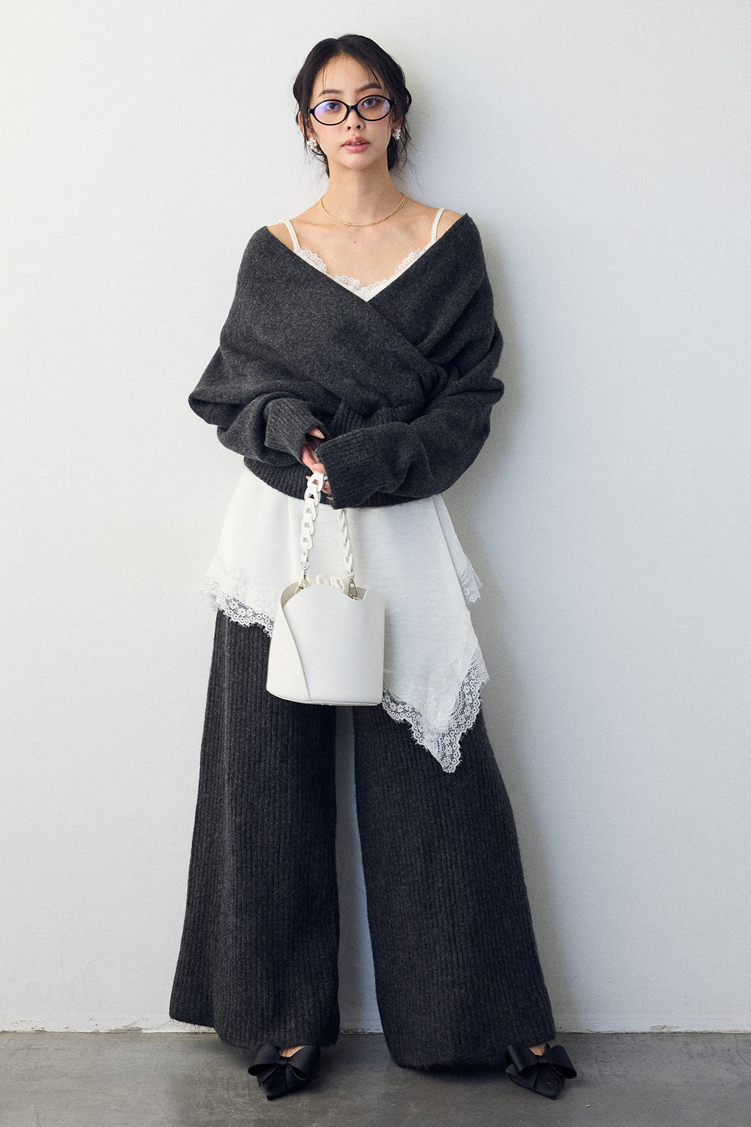 [予約/SET]カシュクール美ラインニットセットアップ+サテンレースアシメキャミ(2set)