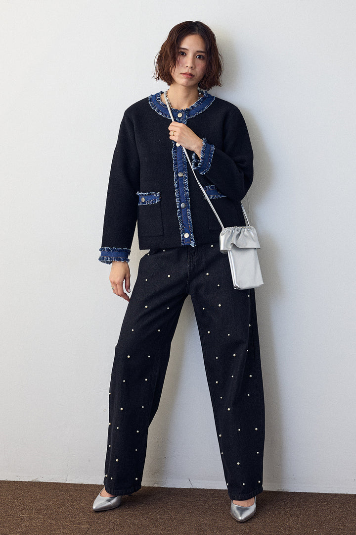 [予約/SET]デニムドッキングマルチパターンカーデ+パールスタッズストレートハイウエストデニム(2set)