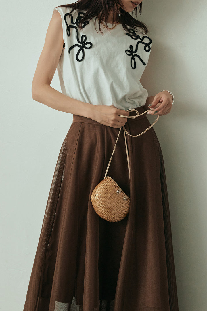 [予約/SET]コード刺繍フレンチスリーブTシャツ+メッシュフレアマキシスカート(2set)