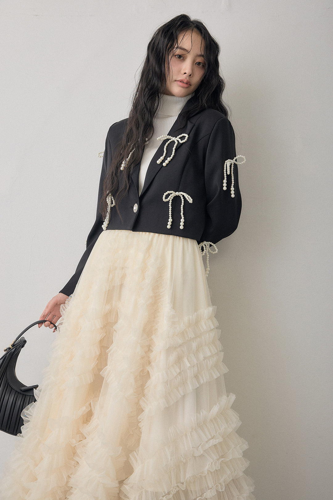 [予約/SET]ベーシックリブタートルニット+パールリボンクロップドジャケット+スフレアシメチュールスカート(3set)