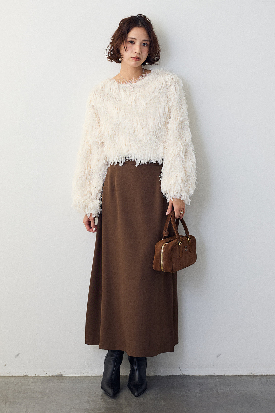 [予約/SET]フリンジラメシャギーニットプルオーバー+バックリボンセミフレアスカート(2set)