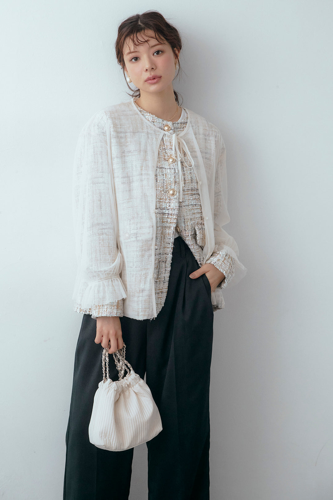 [予約/SET]2wayチュールレイヤードツイードジャケット+スプリングカラータックストレートパンツ(2set)