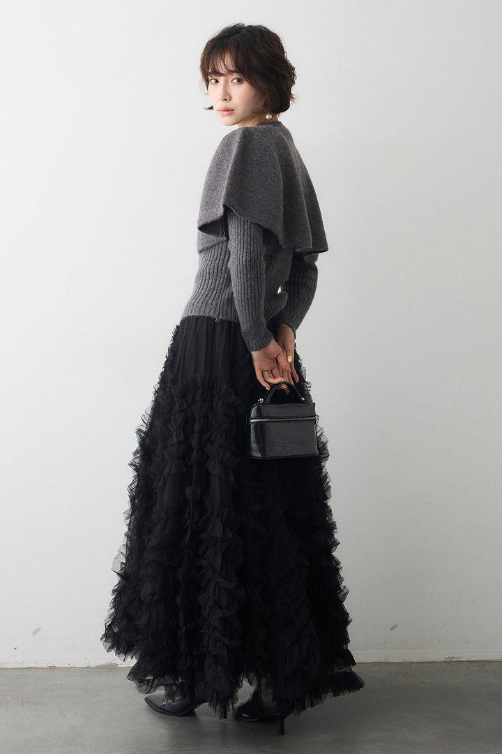 [予約/SET]ミックス釦ケープ2wayニット+スフレアシメチュールスカート(2set)