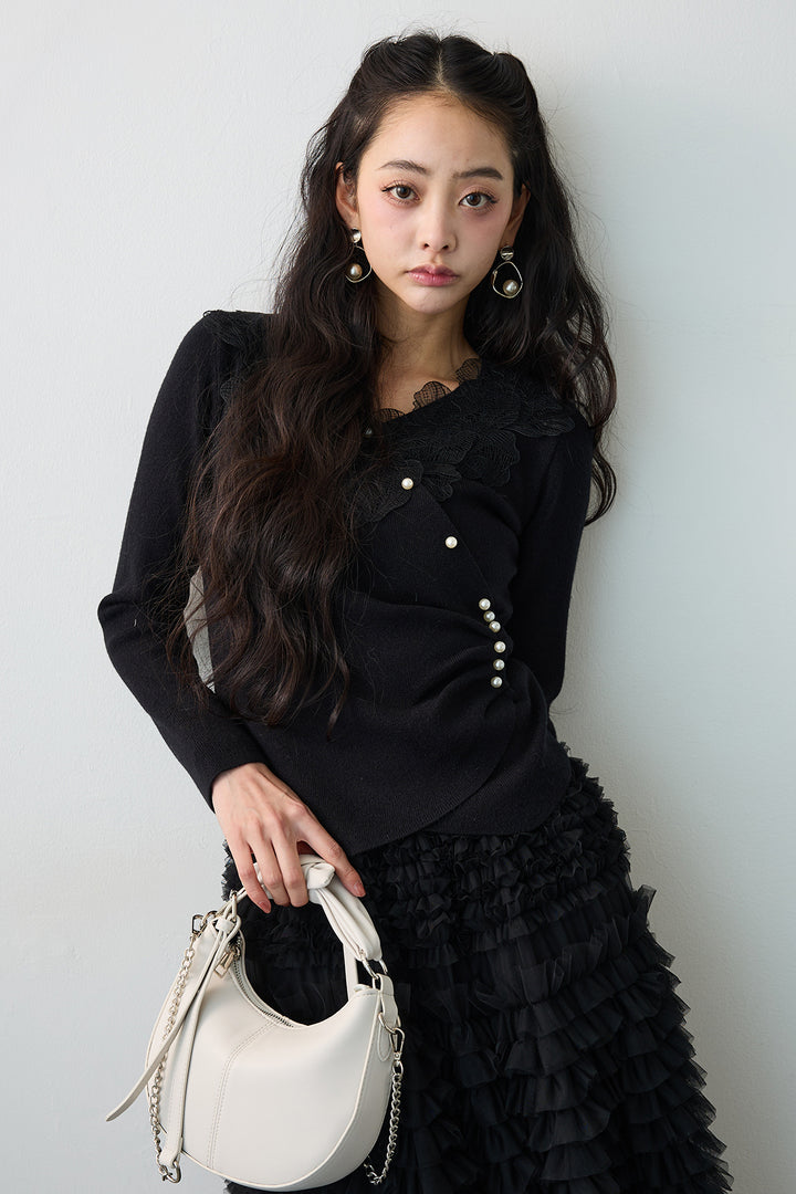 [予約]タックパールデザインレースニット