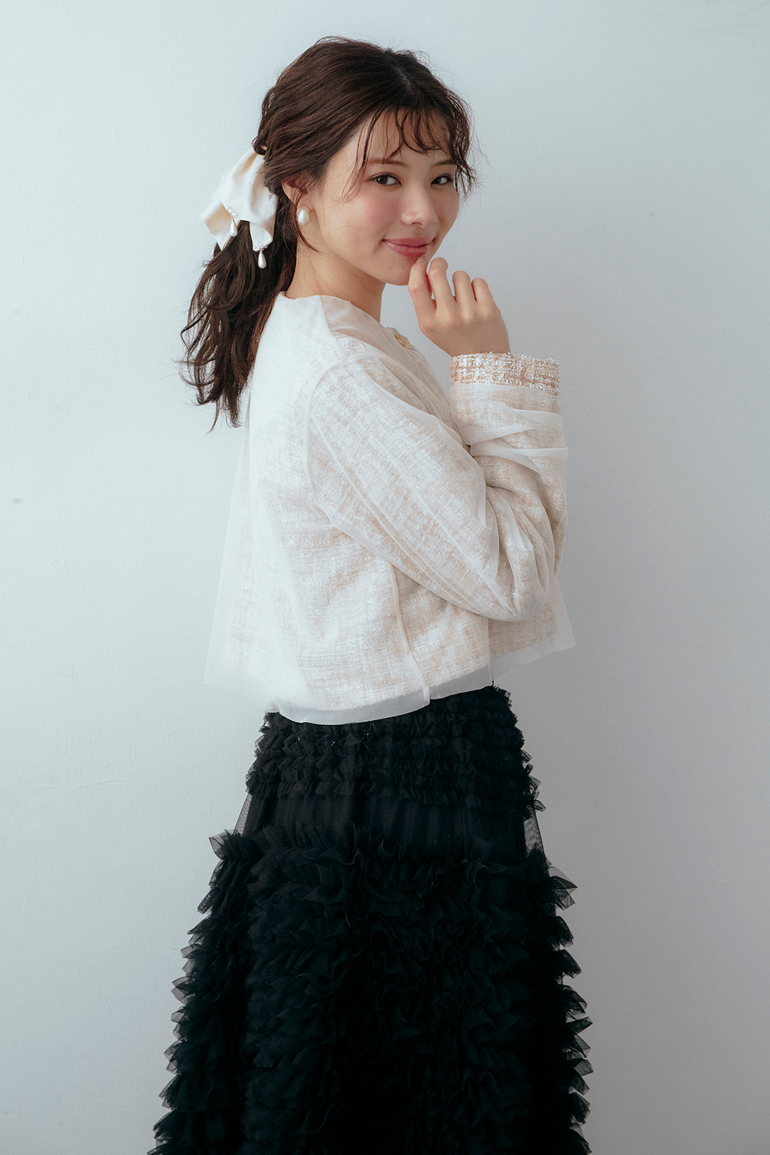 [予約/SET]ツイード×チュールレイヤードクロップドジャケット+ホイップチュールティアードスカート(2set)