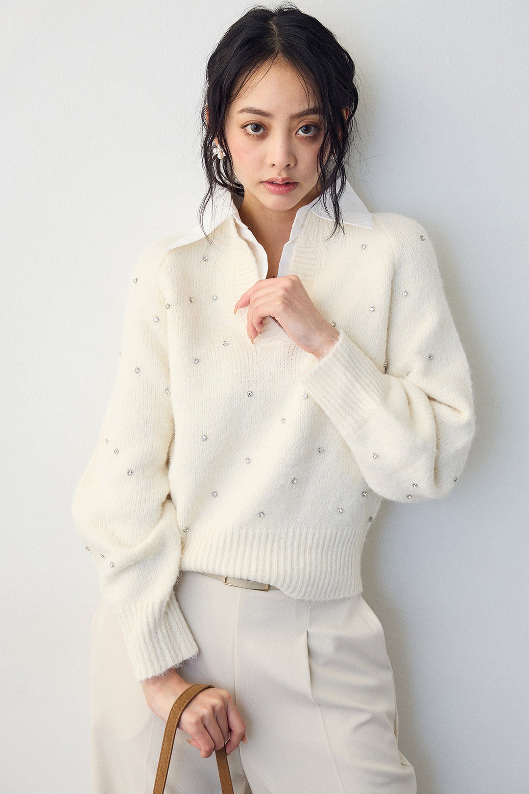 [予約/SET]シャツ襟ラインストーンニットPO+ポイントベルトセットストレートワイドパンツ(2set)