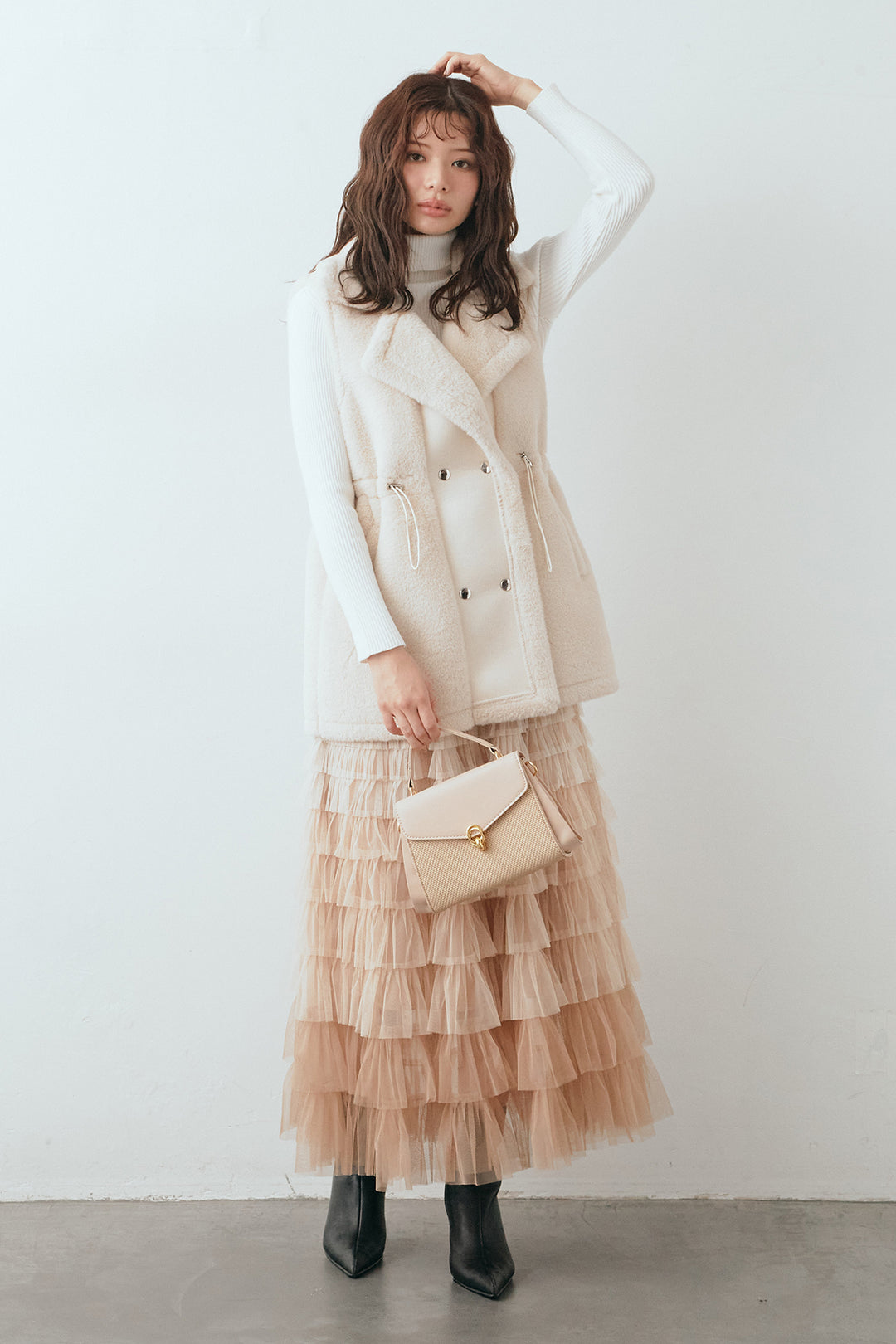 [予約/SET]ベーシックリブタートルニット+テディボアウエストドロストベスト+グラデーションチュールティアードスカート(3set)