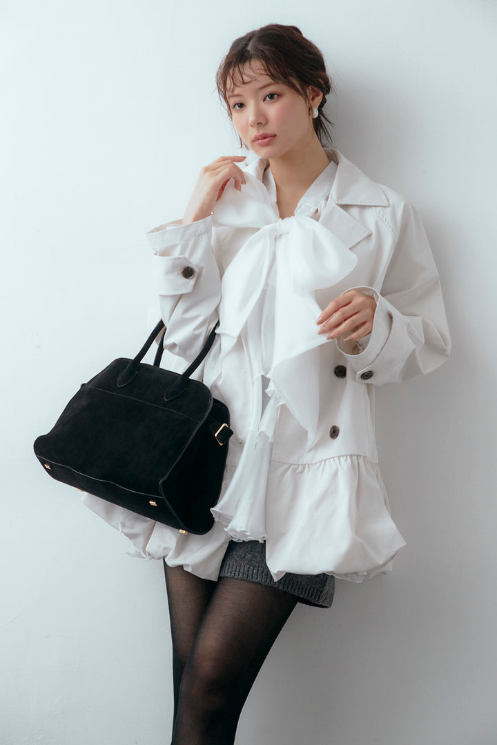 [予約/SET]フロントBIGリボンティアードエアリーチュニック+バルーンヘムミディ丈トレンチコート+メランジニットショートパンツ(3set)