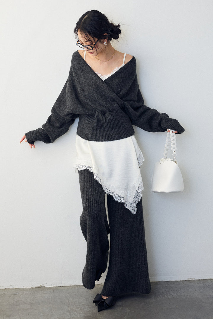 [予約/SET]カシュクール美ラインニットセットアップ+サテンレースアシメキャミ(2set)