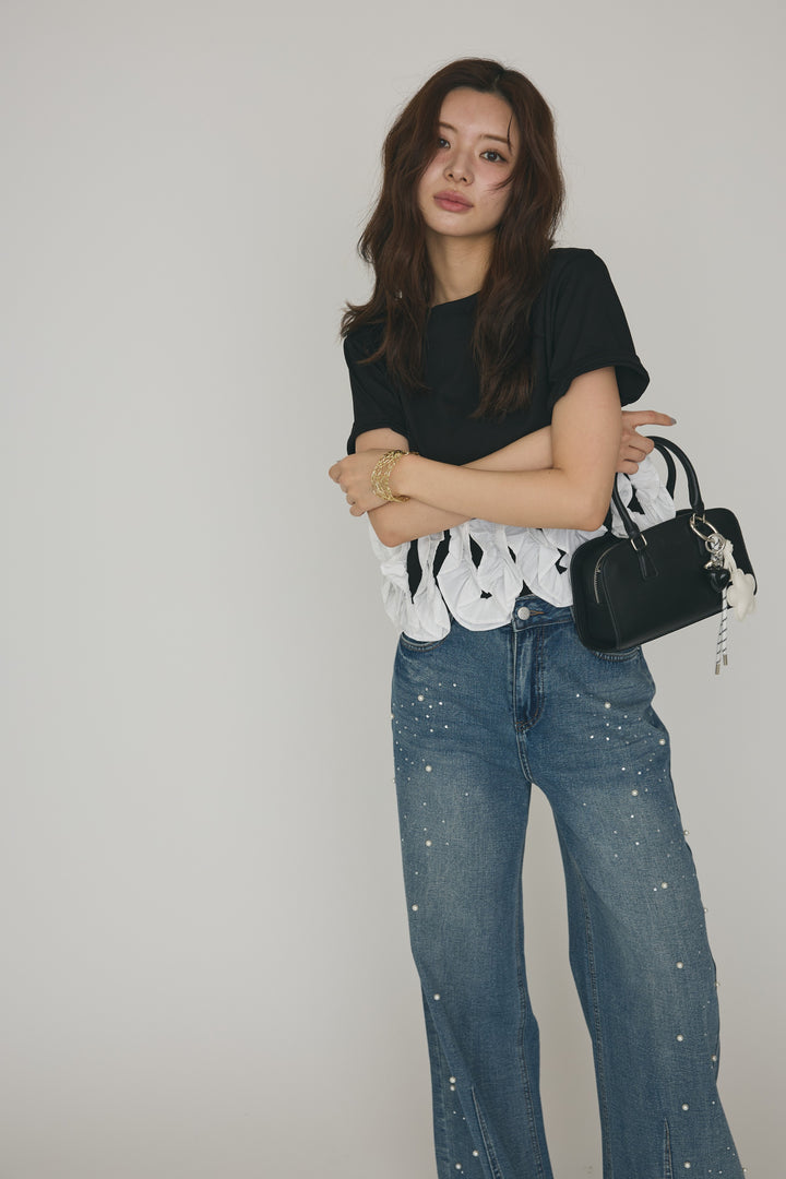 [予約/SET]フリルウェーブヘムカットTシャツ+パールラインストーンハイウエストデニム(2set)