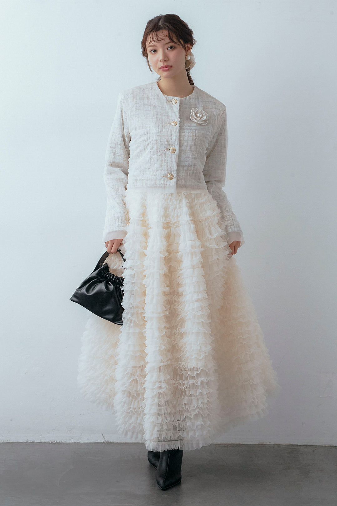 [予約/SET]ツイード×チュールレイヤードクロップドジャケット+ホイップチュールティアードスカート(2set)