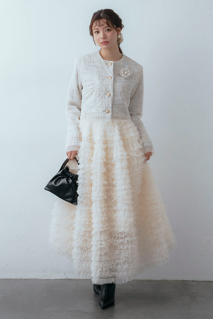 [予約/SET]ツイード×チュールレイヤードクロップドジャケット+ホイップチュールティアードスカート(2set)