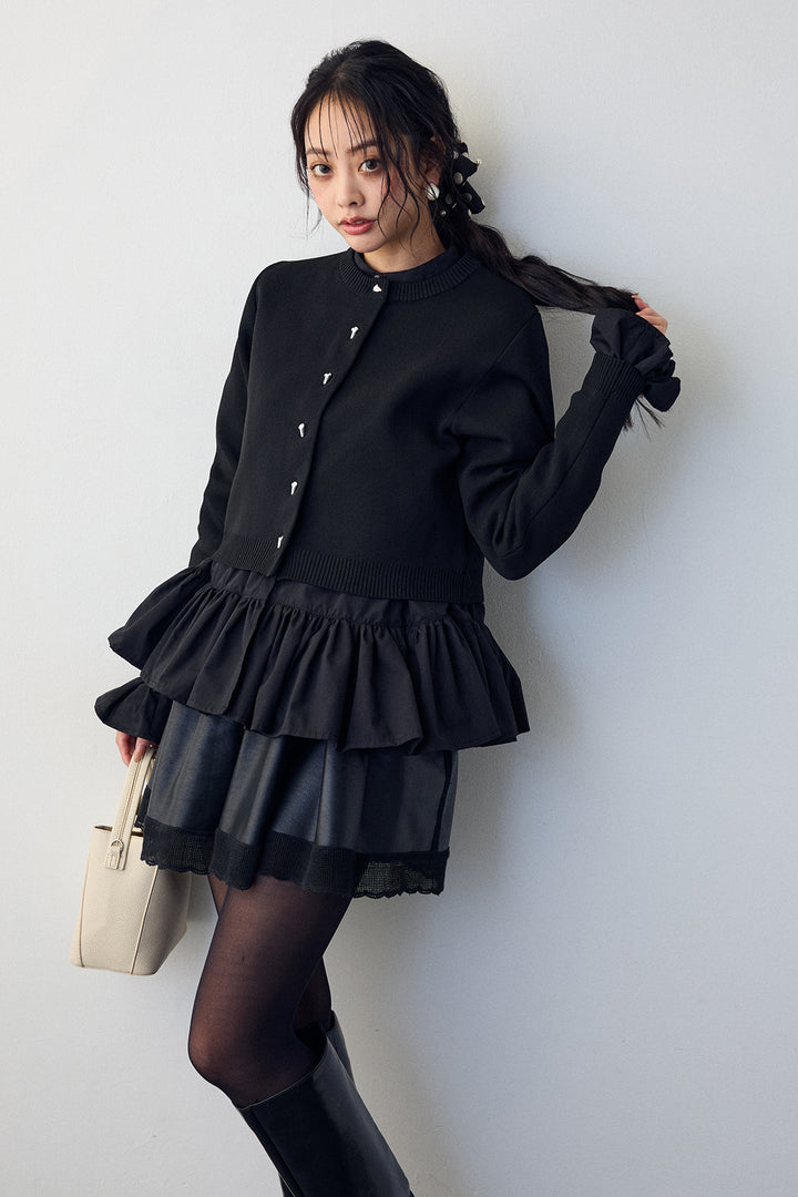 [予約/SET]フリルヘムスリーブブラウス+メタルボタンベーシックカーデ+レザーライクフレアショートパンツ(3set)