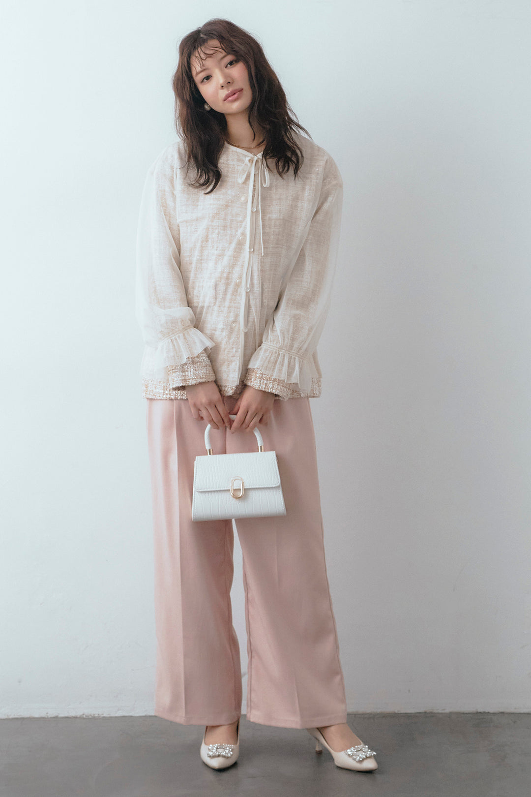 [予約/SET]2wayチュールレイヤードツイードジャケット+スプリングカラータックストレートパンツ(2set)