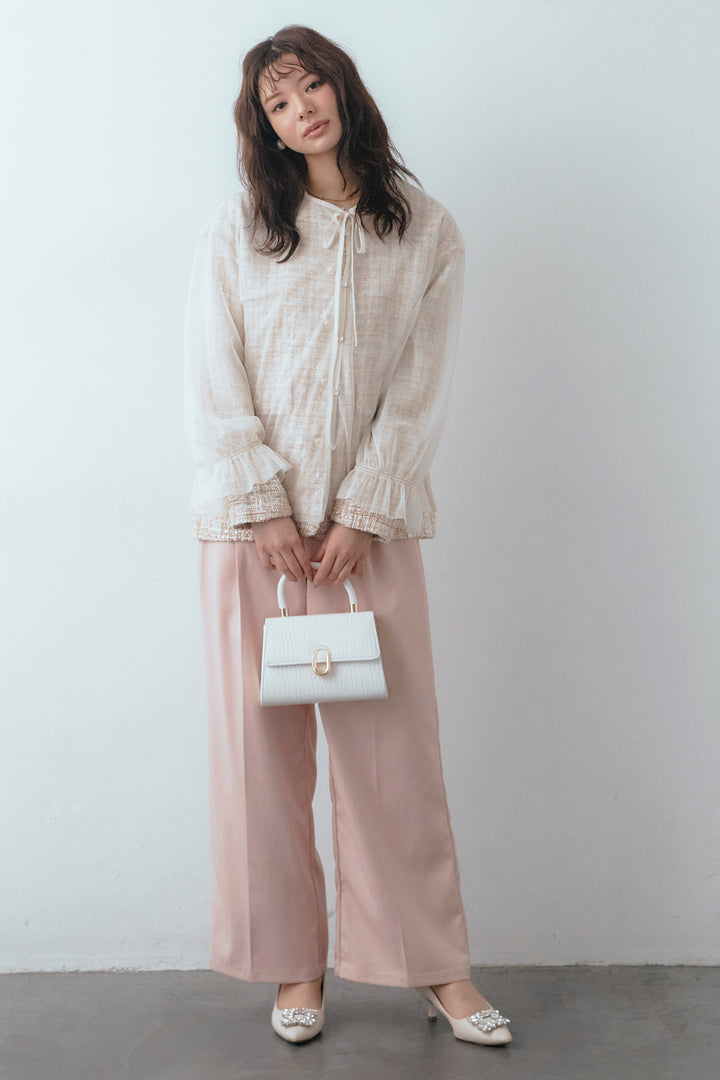 [予約/SET]2wayチュールレイヤードツイードジャケット+スプリングカラータックストレートパンツ(2set)