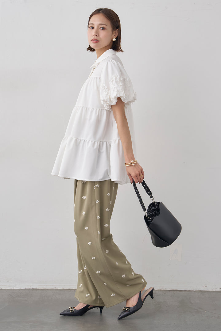 [予約/SET]フリルウェーブスリーブティアードブラウス+フラワー刺繍ツイルストレートパンツ(2set)