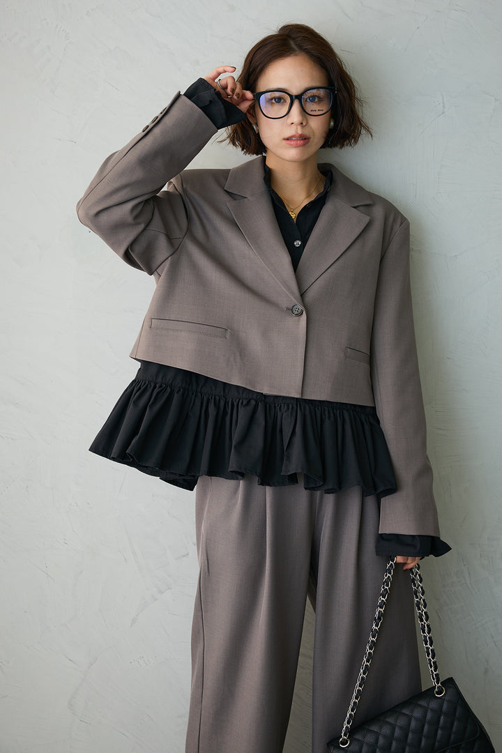 [予約/SET]フリルヘムスリーブブラウス+クロップドマニッシュシンプルジャケット+ツイルシンプルストレートパンツ(3set)