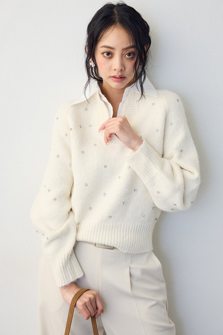 [予約]シャツ襟ラインストーンニットPO