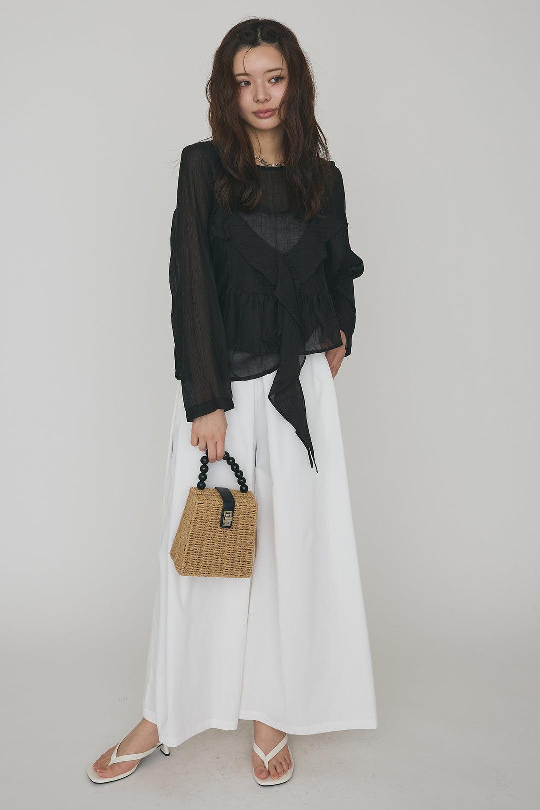 [予約/SET]ドレープフリルシアーレーヤードトップス+フロントサイドタックワイドパンツ(2set)