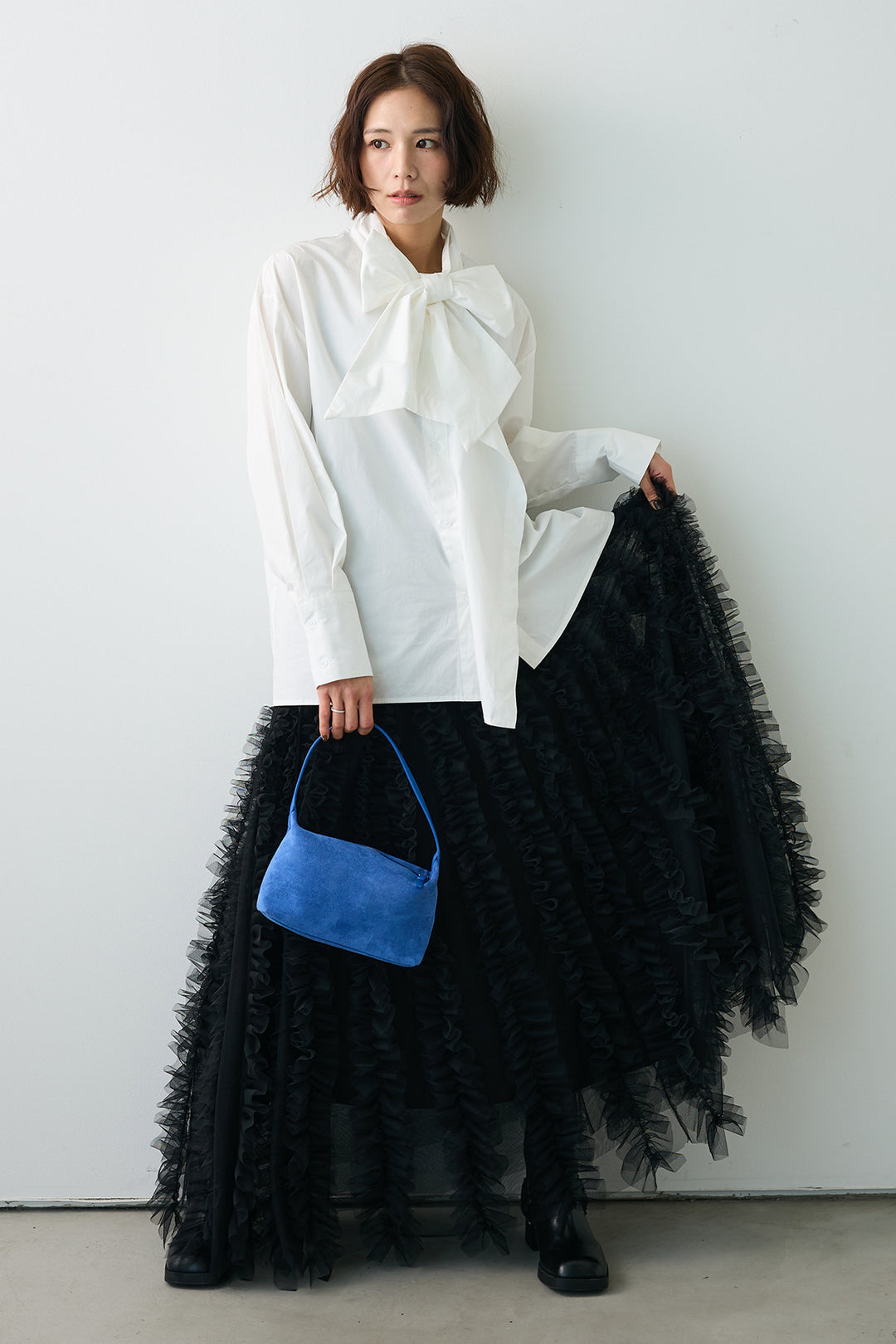 [予約/SET]マルチパターンボウタイアシメシャツ+Iラインホイップチュールスカート(2set)