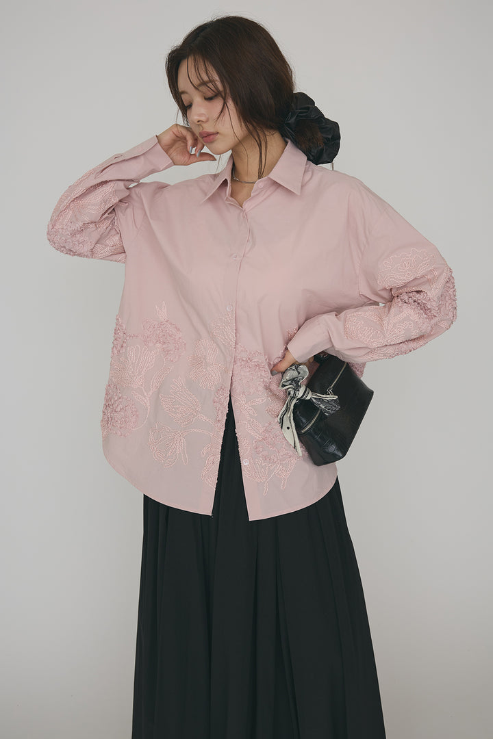 [予約/SET]フラワー刺繍モチーフオーバーシャツ+ギャザーフレア綿タッチスカート(2set)