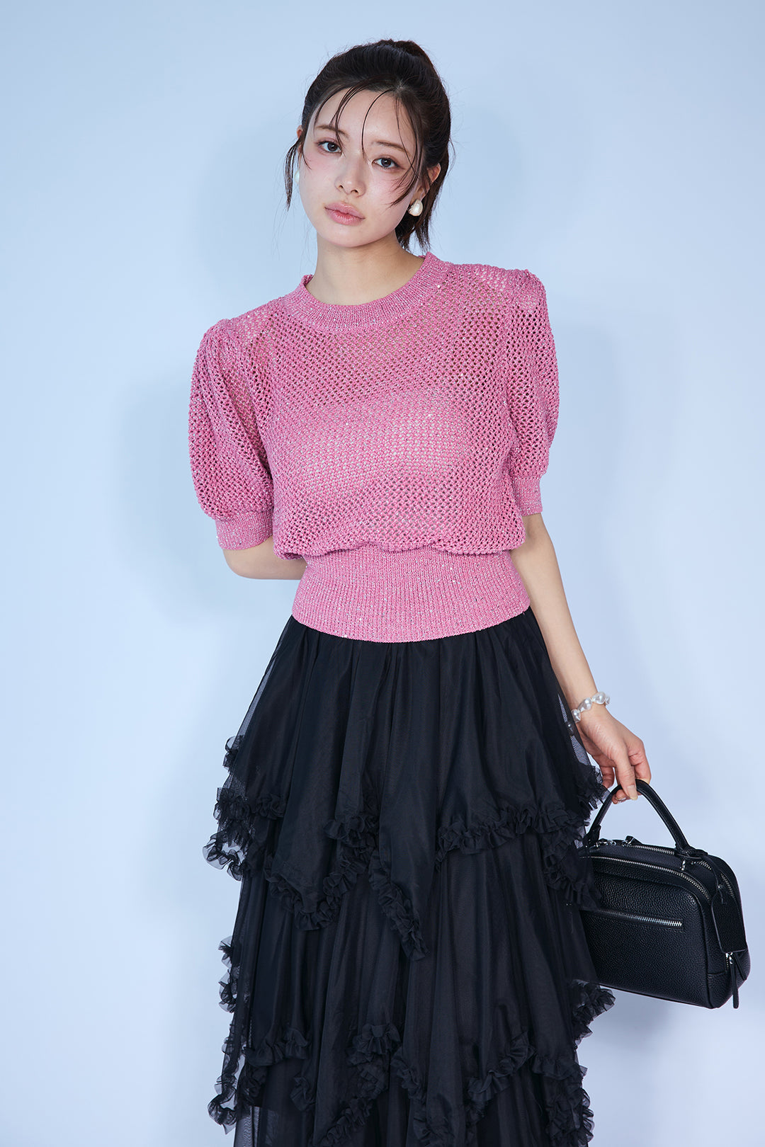 [予約/SET]ラメ混パフスリーブハーフスリーブニット+ムードチュールフリルスカート(2set)