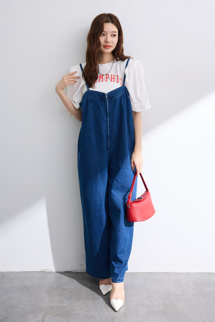 [予約/SET]ロゴパフスリーブデザインTシャツ+フロントZIPデニムサロペ(2set)