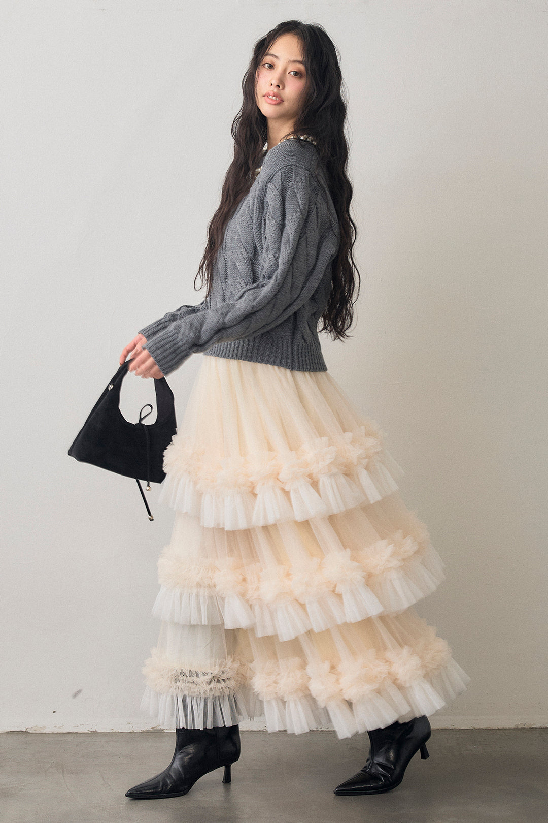 [予約/SET]ネックパールケーブル編みニット+配色フリルティアードロマンティックスカート(2set)
