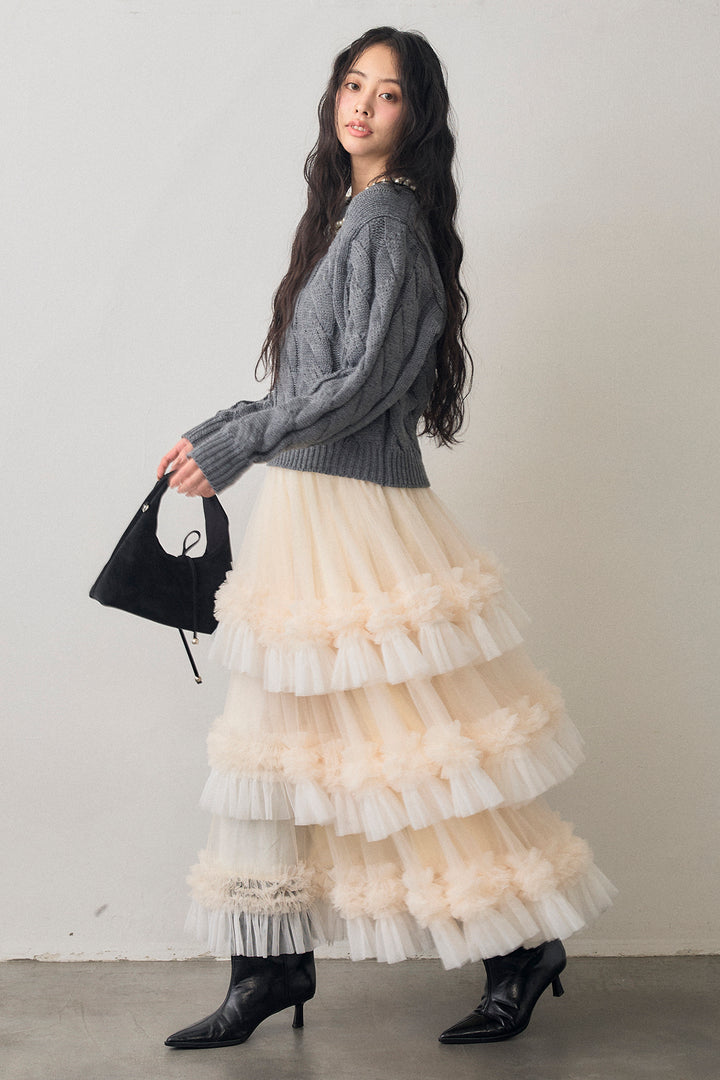 [予約/SET]ネックパールケーブル編みニット+配色フリルティアードロマンティックスカート(2set)