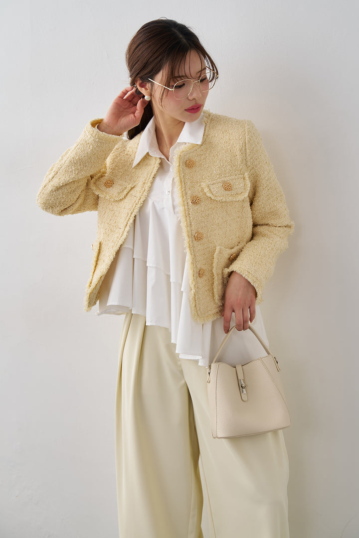 [予約/SET]フリンジツイードゴールドボタンジャケット+エステルツイルタックワイドカラーパンツ(2set)