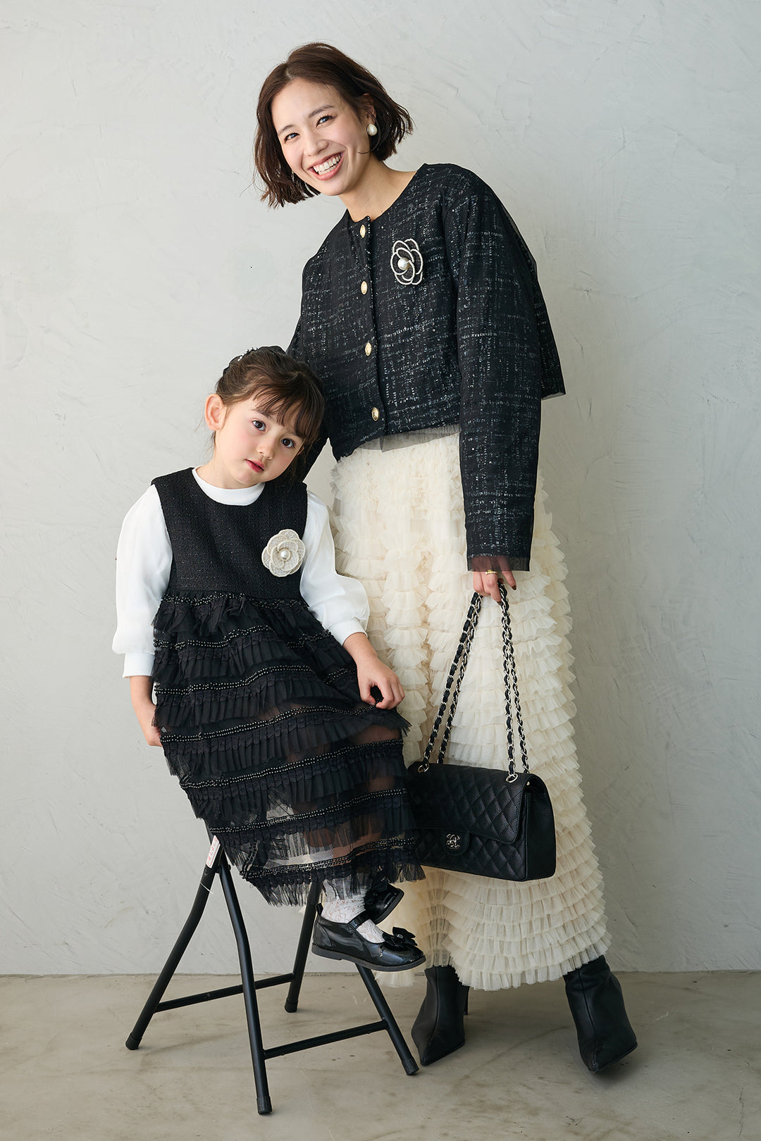 [予約/親子SET][kids]ティアードプリーツパールワンピセット+ツイード×チュールレイヤードクロップドジャケット+ホイップチュールティアードスカート(3set)