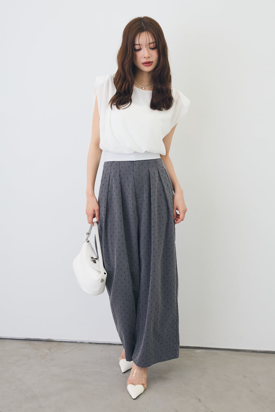 [予約/SET]バックリボンモードショルダーシフォンブラウス+ドットツイルタックワイドパンツ(2set)