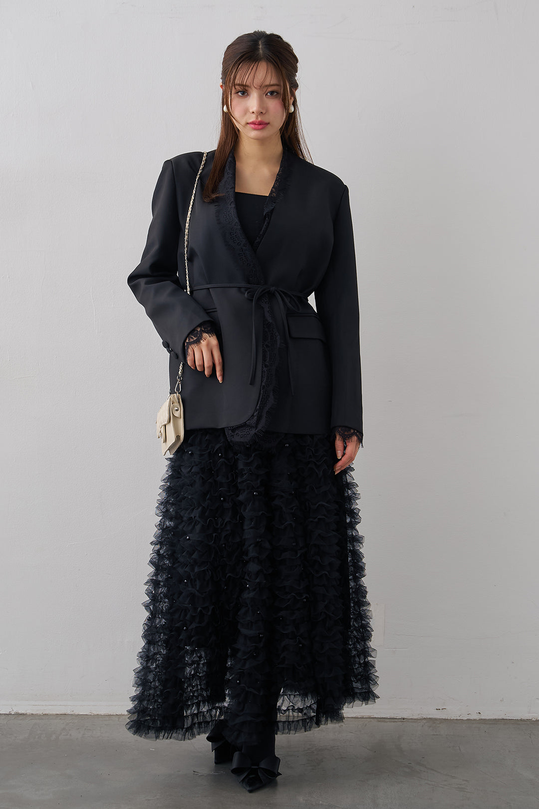 [予約/SET]カシュクールレースドッキングジャケット+パール付きホイップチュールスカート(2set)