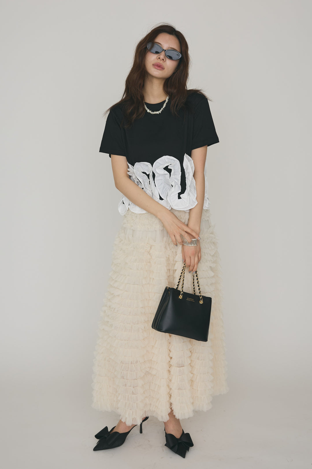 [予約/SET]フリルウェーブヘムカットTシャツ+ホイップチュールティアードスカート(2set)