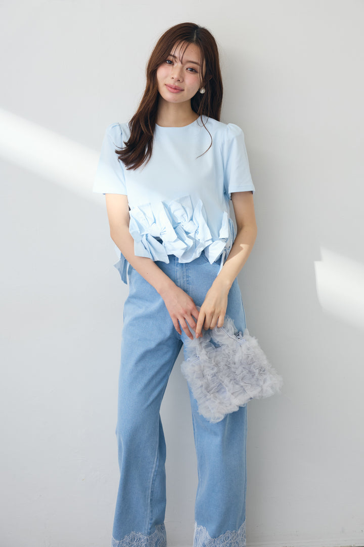 [予約/SET]リボンヘムデザインTシャツ+【接触冷感】ヘムレースデニムパンツ(2set)