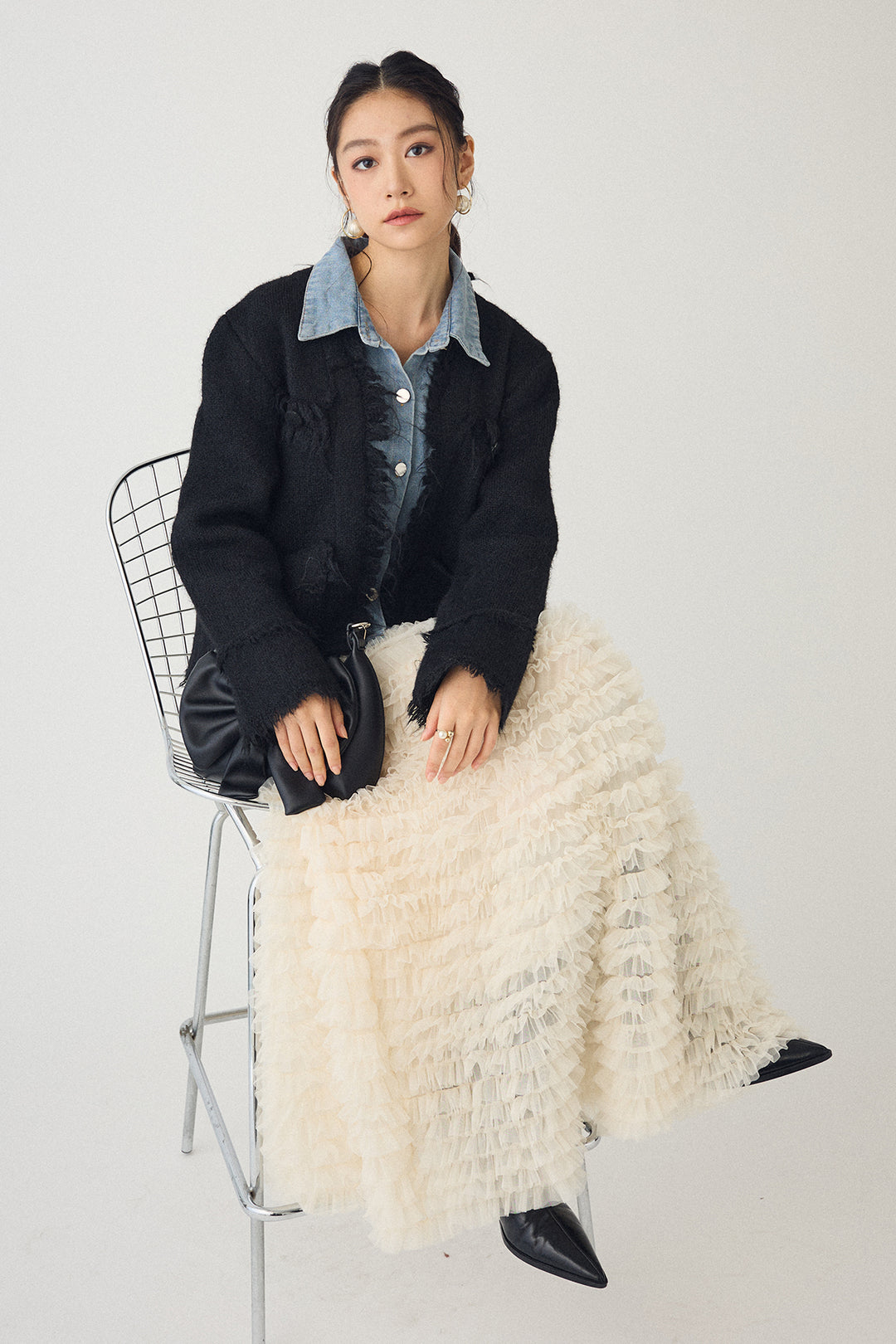 [予約/SET]デニムシャツドッキングツイードカーデ+ホイップチュールティアードスカート(2set)