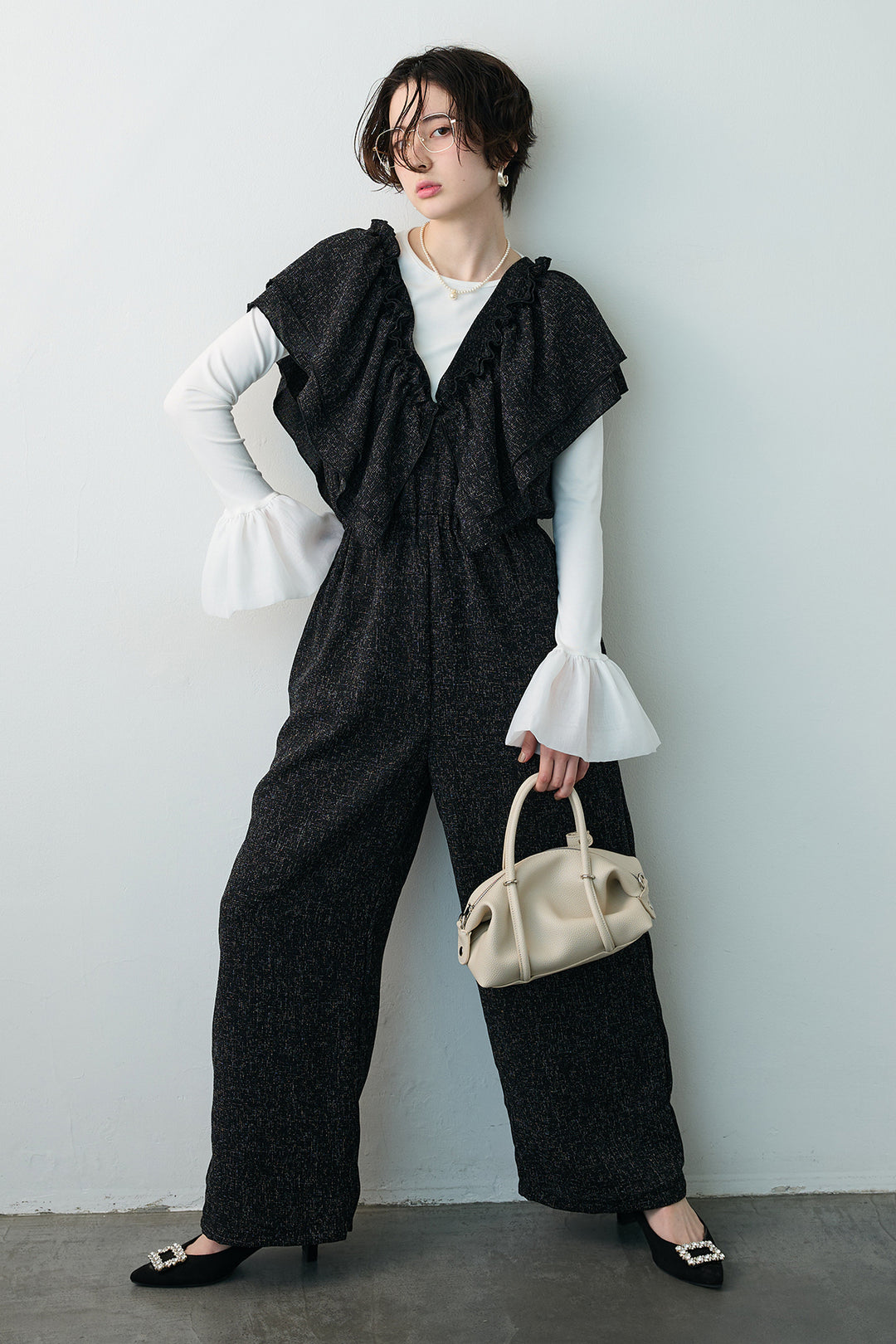 [予約/SET]サイドギャザーフレアチュールカフストップス+サマーツイードマルチウェイロンパース(2set)