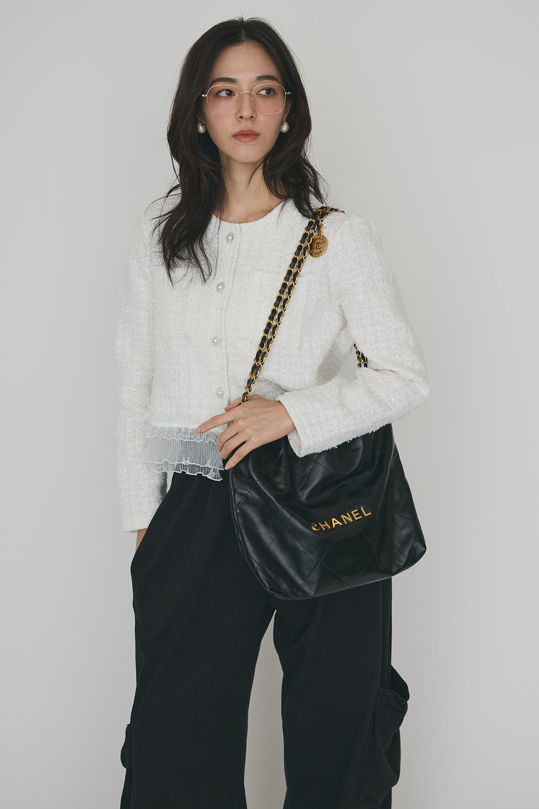 [予約/SET]プリーツフリルヘムライトツイードジャケット+ライトスウェットサイドリボンパンツ(2set)