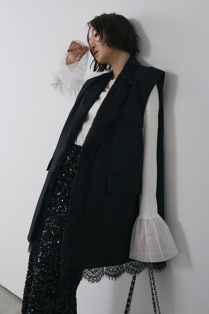 [予約/SET]チュールシアーカフスリブニット+アシメレースドッキングデザインボタンジレ+スパンコールシャイニースカート(3set)
