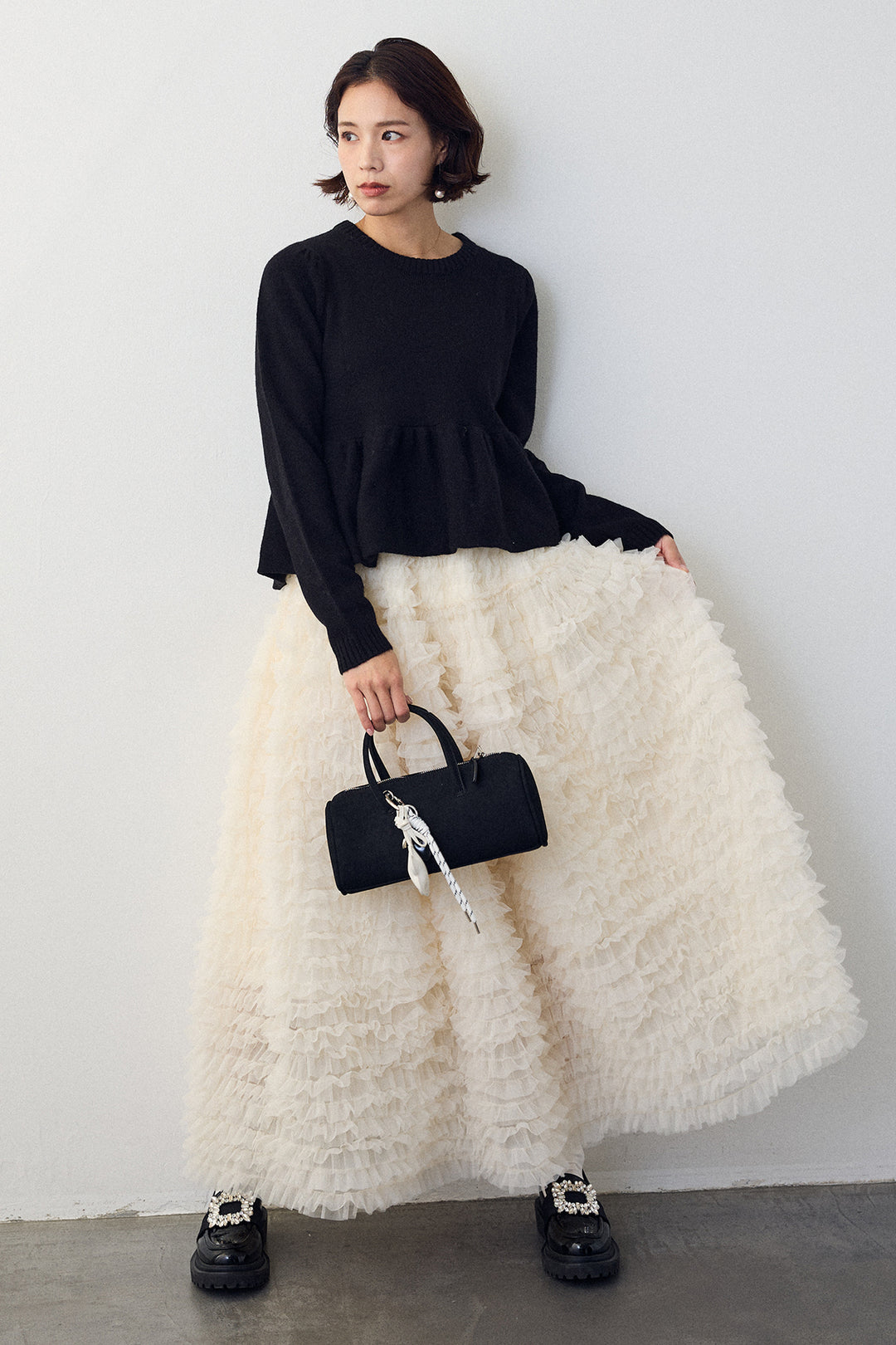 [予約/SET]アルパカタッチバルーンヘムニットプルオーバー+ホイップチュールティアードスカート(2set)