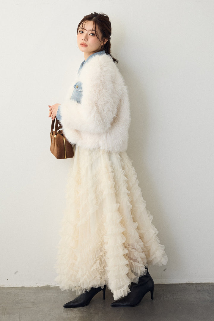 [予約/SET]デニムシャツドッキングファージャケット+スフレアシメチュールスカート(2set)