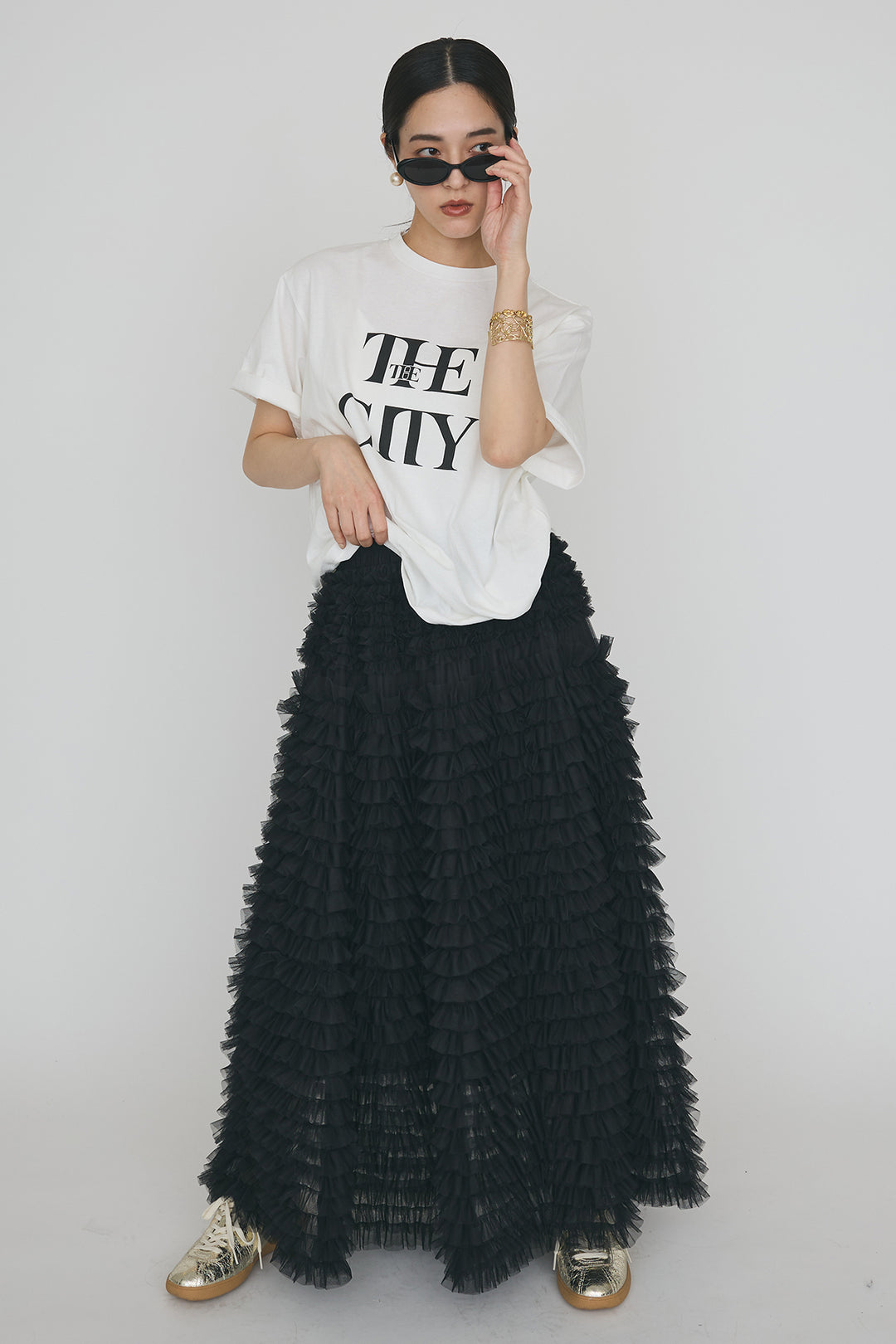 [予約/SET]フリルショルダーテーラーマニッシュベスト+ホイップチュールティアードスカート(2set)