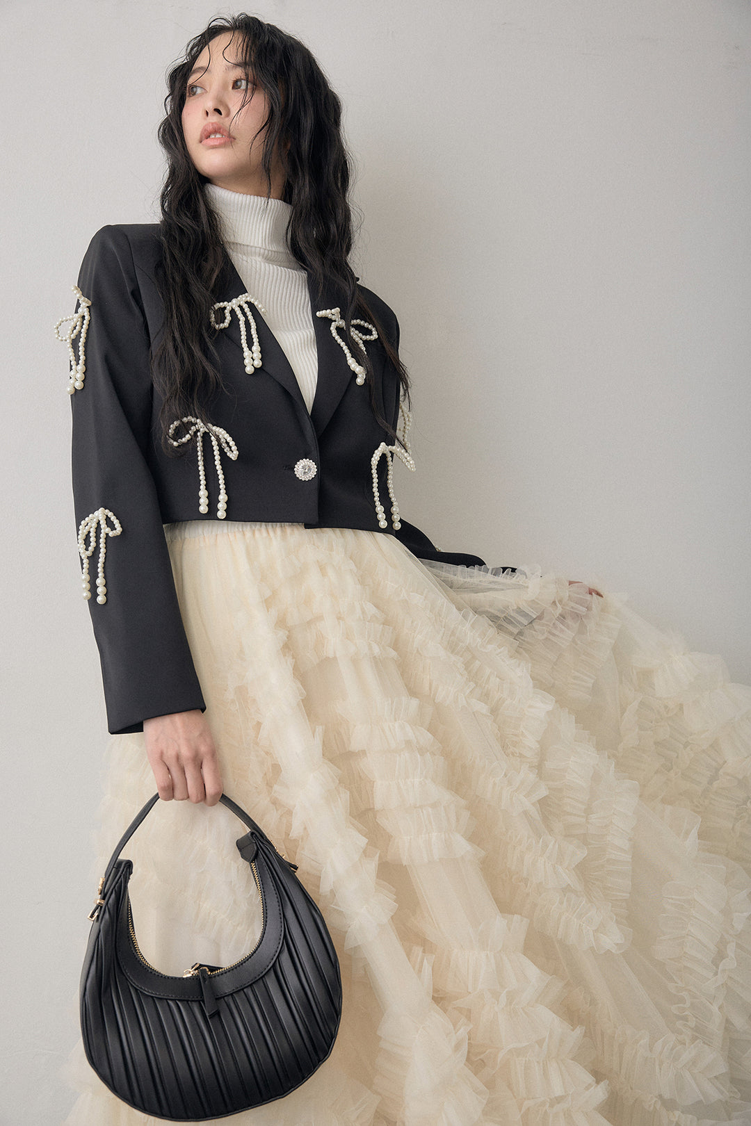 [予約/SET]ベーシックリブタートルニット+パールリボンクロップドジャケット+スフレアシメチュールスカート(3set)