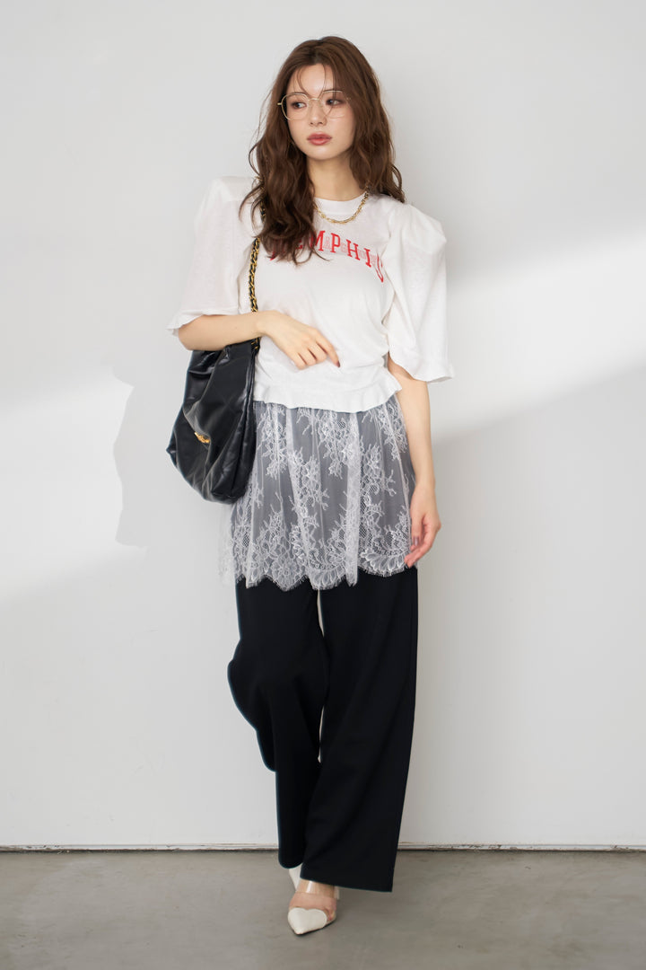 [予約/SET]ロゴパフスリーブデザインTシャツ+繊細レースレイヤードパンツ(2set)