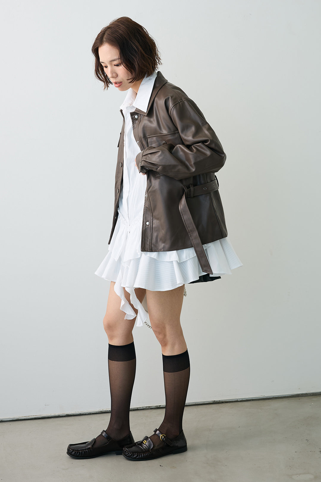 [予約/SET]ストライプフリルヘムシャツチュニック+レザーライクウエストシェイプジャケット(2set)