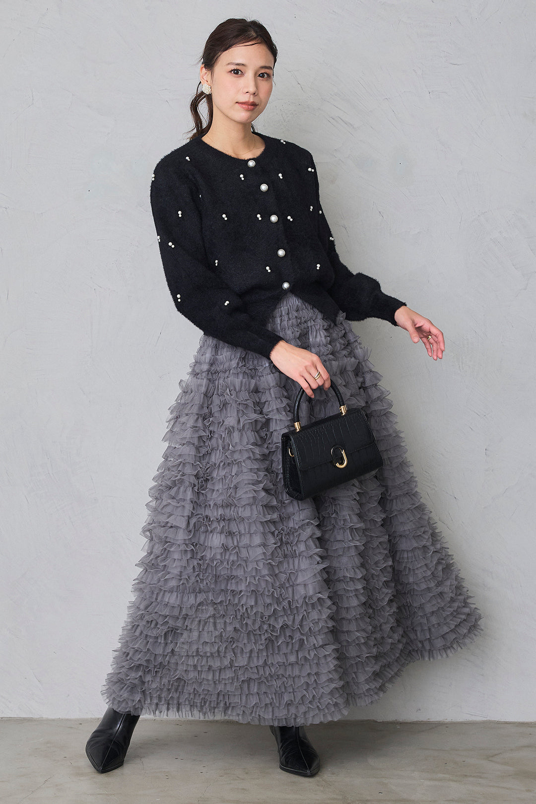 [予約/SET]ミックスパールシャギーコーディガン+ホイップチュールティアードスカート(2set)