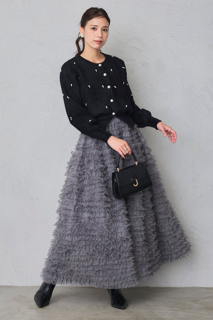 [予約/SET]ミックスパールシャギーコーディガン+ホイップチュールティアードスカート(2set)