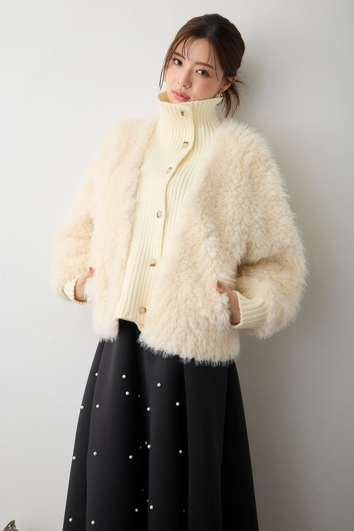 [予約/SET]シャギーファー×リブニットミックスジャケット+マルチパターンボンディングフレアスカート(2set)