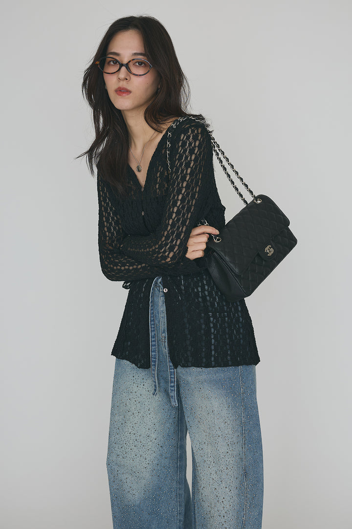 [予約/SET]カットレースフラワーVネックカーデ+ラインストーン美ラインデニム(2set)