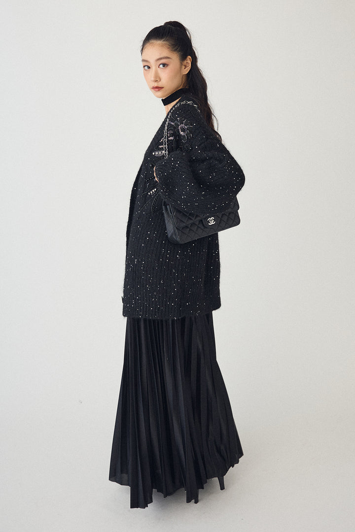 [予約/SET]ビーズフラワースパンコールシャイニーニットカーデ+シャイニープリーツサテンスカート(2set)
